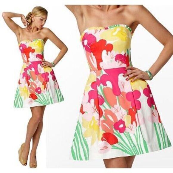 Lilly Pulitzer Blossom Lavish Lilly's Place Floral Strapless Fit Flare Dress - Picture 1 of 5